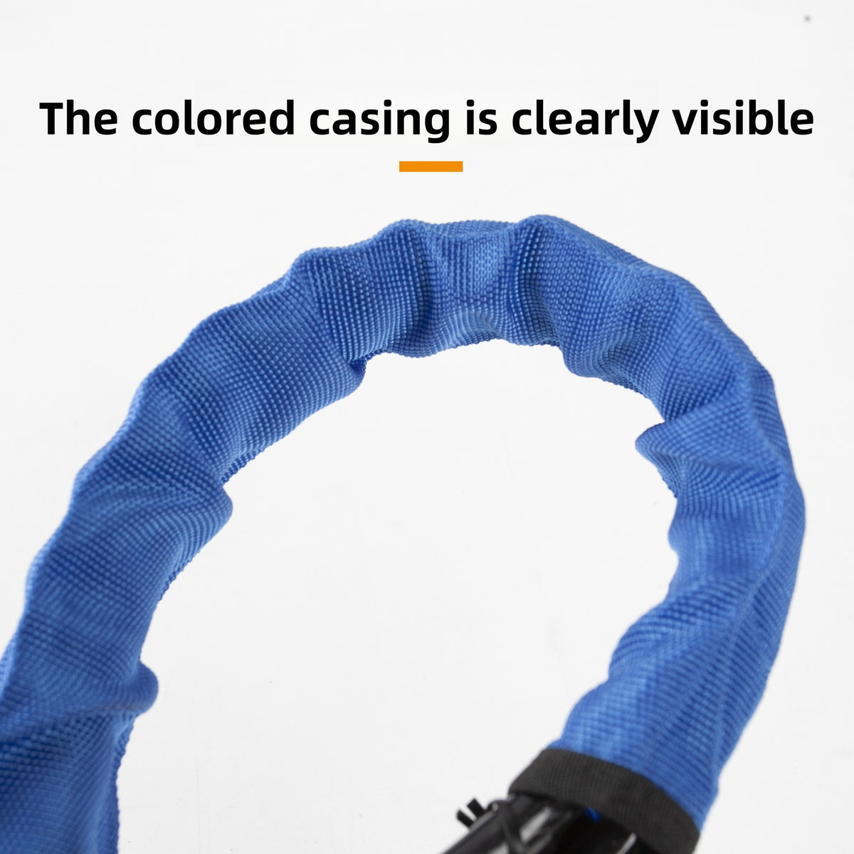 Close view of the blue textured sleeve covering the steel cable of the steering wheel lock