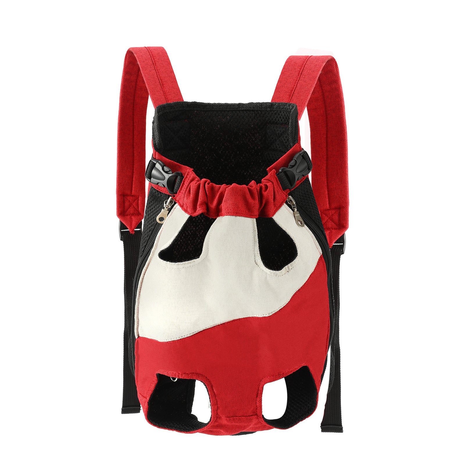 Red and cream pet carrier backpack with padded shoulder straps on a white background