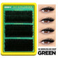 Green tray of DIY black lash clusters with a density and length chart