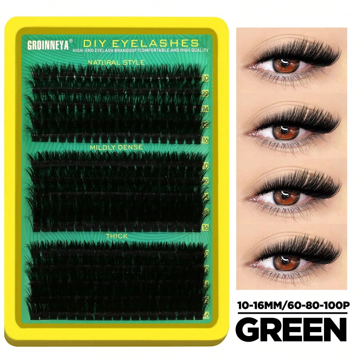 Green tray of DIY black lash clusters with a density and length chart