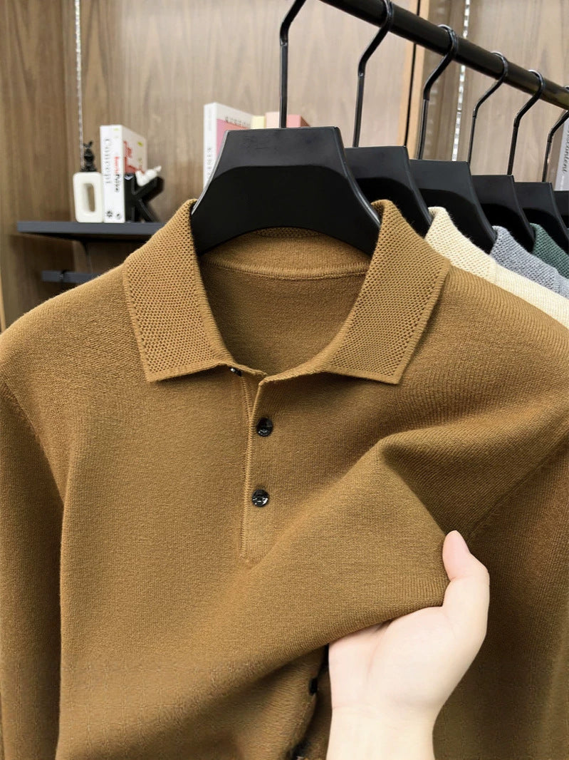 Caramel knit polo collar and three button placket close up with fabric held in hand