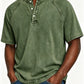 Washed denim short sleeve henley with band collar shown front on