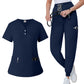 Womens V neck scrub top in deep blue shown flat to display the placket and side pockets