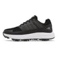 Close view of a mens golf shoe outsole showing the replaceable metal spikes