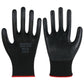 Pair of black nitrile coated work gloves printed WORKS GRIP-PRO N518 with red cuff trim on a white background
