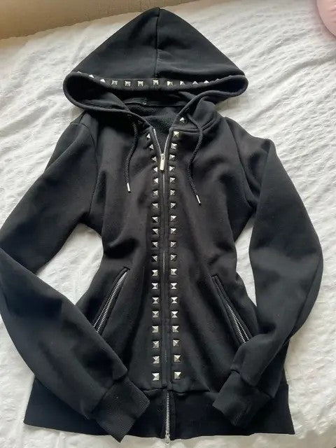 Black slim-fit zip-up hoodie with pyramid studs on the hood and front zip, size XL option