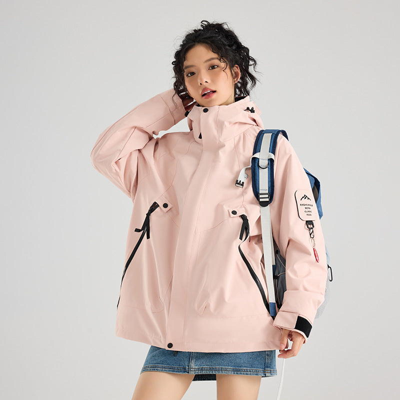Water resistant polyester shell jacket with stand collar hood, shown with the zip in fleece liner