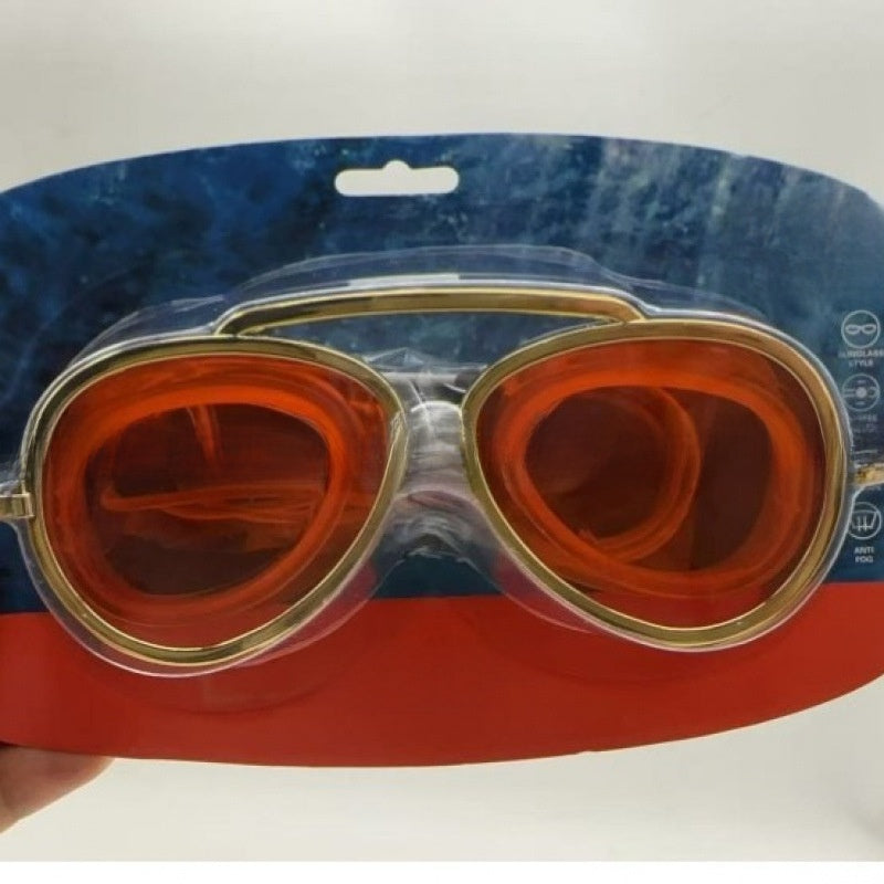 Red mirror aviator swim goggles in a blister pack showing the anti fog icon