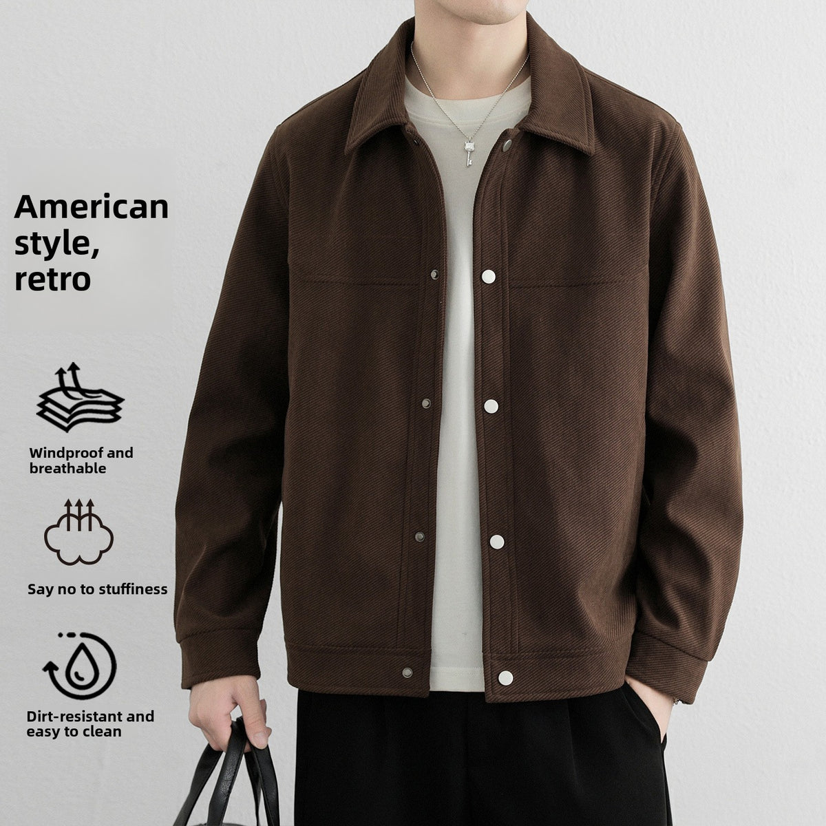 Coffee brown button front jacket with a turn down collar, option photo for size XL, worn over a grey tee