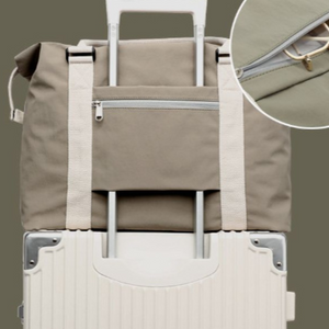 Weekender bag rear band slid over a wheeled suitcase handle