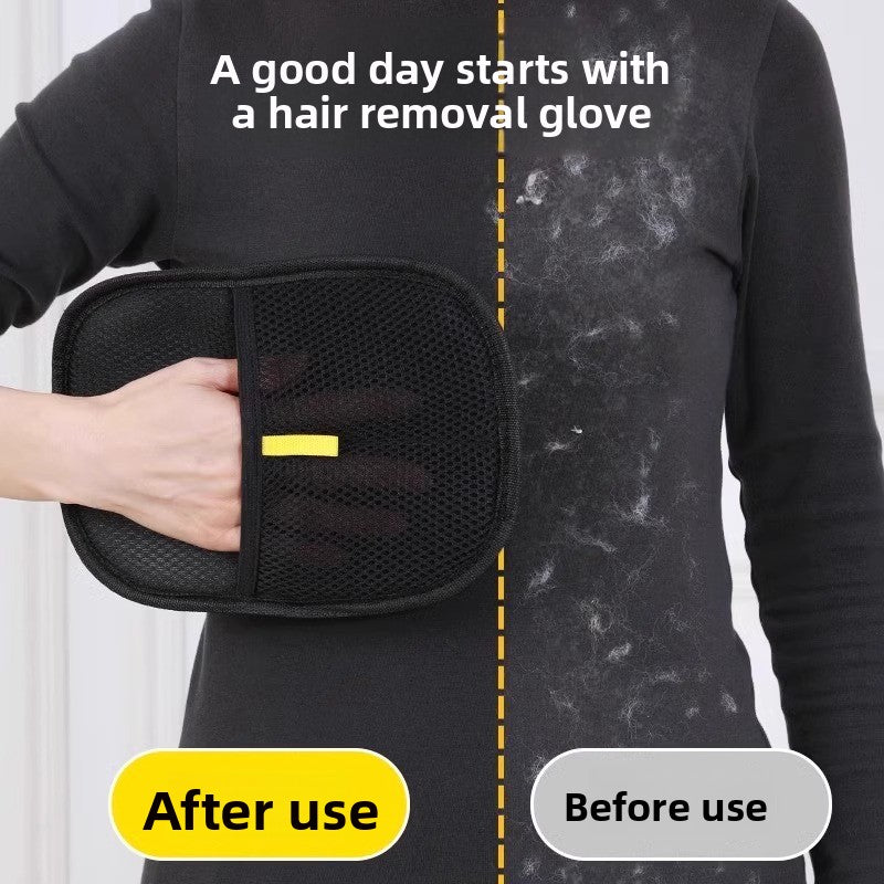 Pet hair removal mitt in use clearing shed fur from a sofa cushion