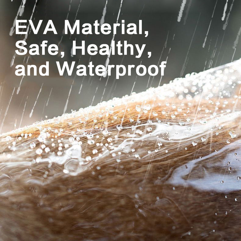 Close up of water beading and running off a dog's coat under the clear EVA rain poncho