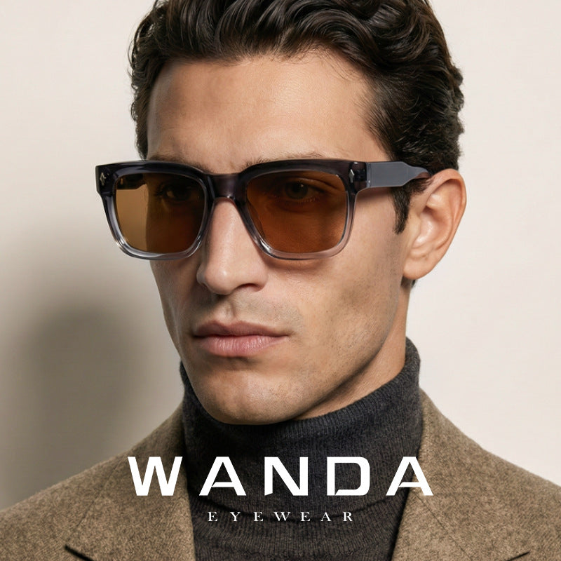 Man wearing retro square polarized sunglasses with a translucent gray frame