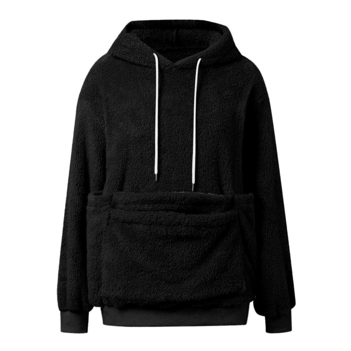 Black option, size S: plush fleece hooded sweatshirt with white drawstrings and large front pocket
