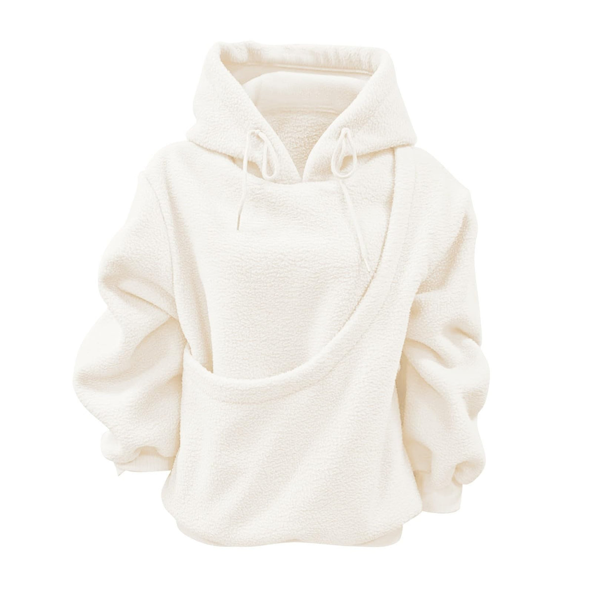 Cream plush fleece hoodie with a diagonal pouch pocket and drawstring hood, option photo for size M