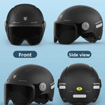 Open face half helmet with a flip down tinted visor shown from the front and side