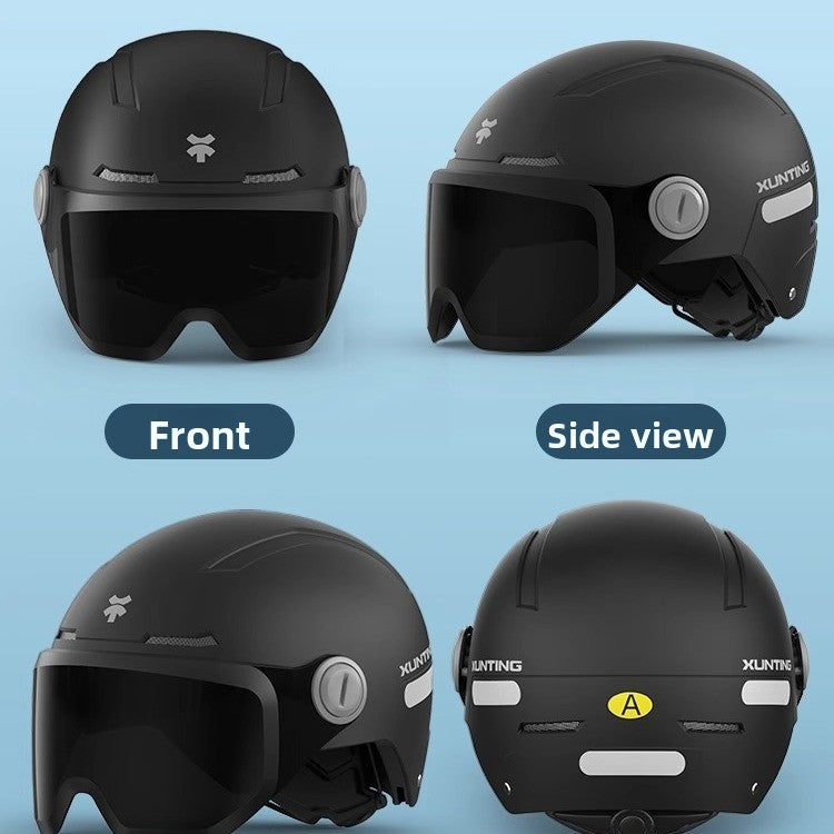 Open face half helmet with a flip down tinted visor shown from the front and side