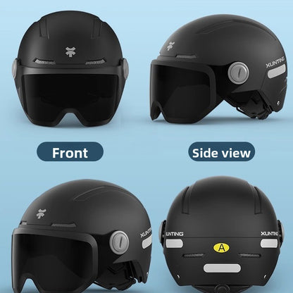 Open face half helmet with a flip down tinted visor shown from the front and side