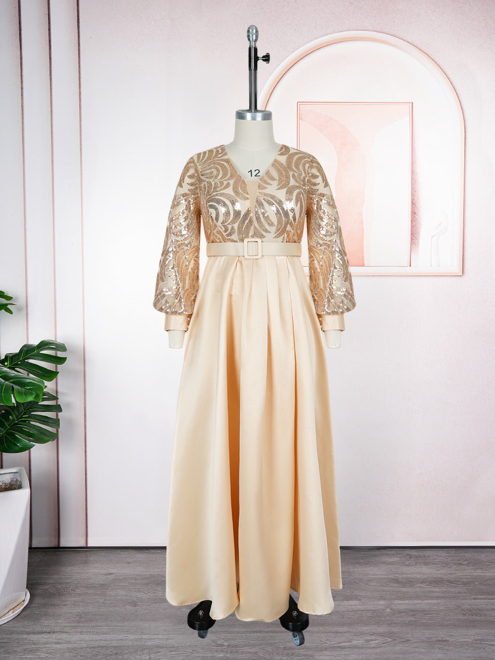 Champagne maxi dress with silver sequin mesh bodice on a dress form, Champagne option photo