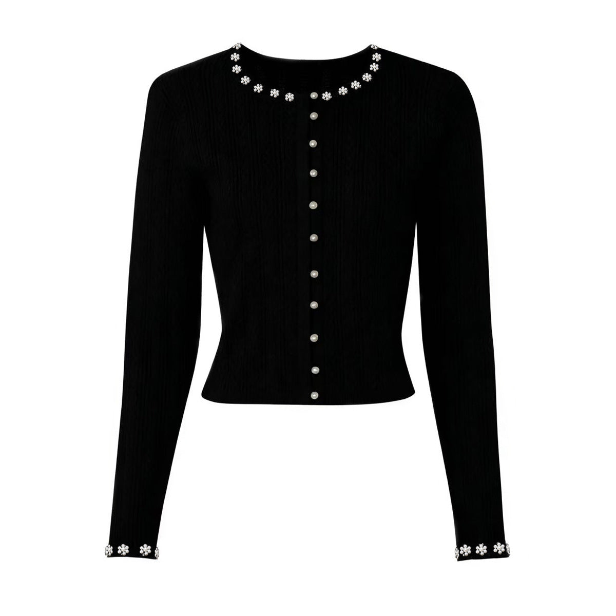Detail of the ribbed knit finish and neckline on the dress