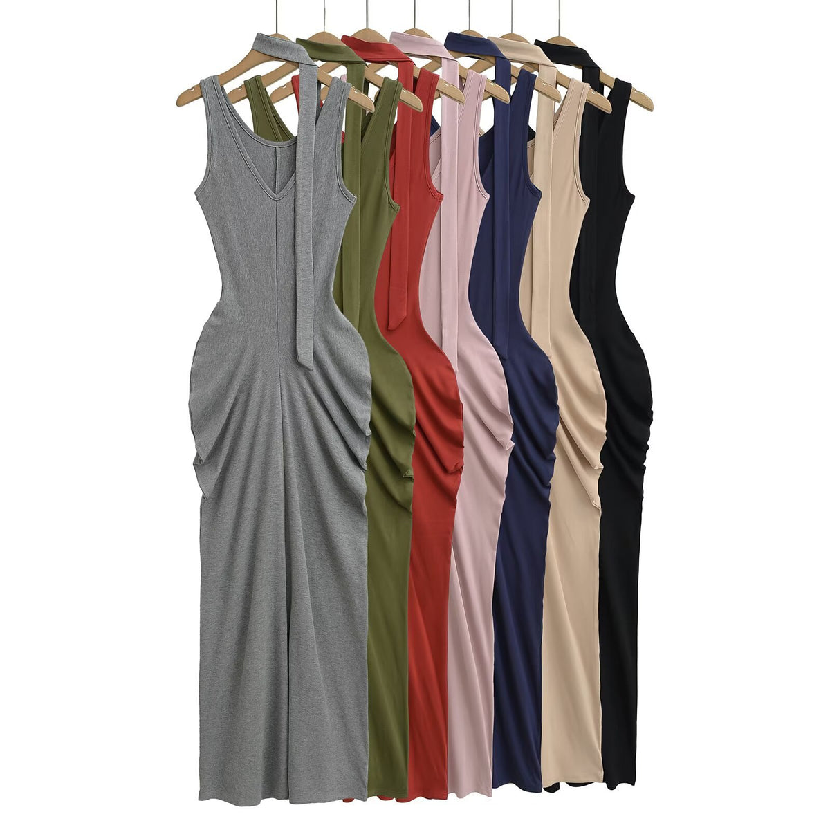 Long fitted jersey dress with gathered hips and a front hem slit