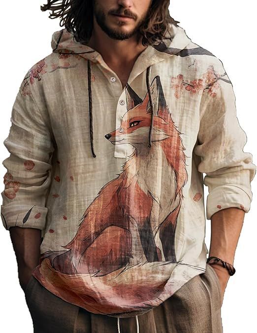 Hooded henley shirt, beige shirt with a red fox and scattered cherry petals, size L
