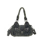 Retro blue washed denim shoulder bag laid flat with crossbody strap attached