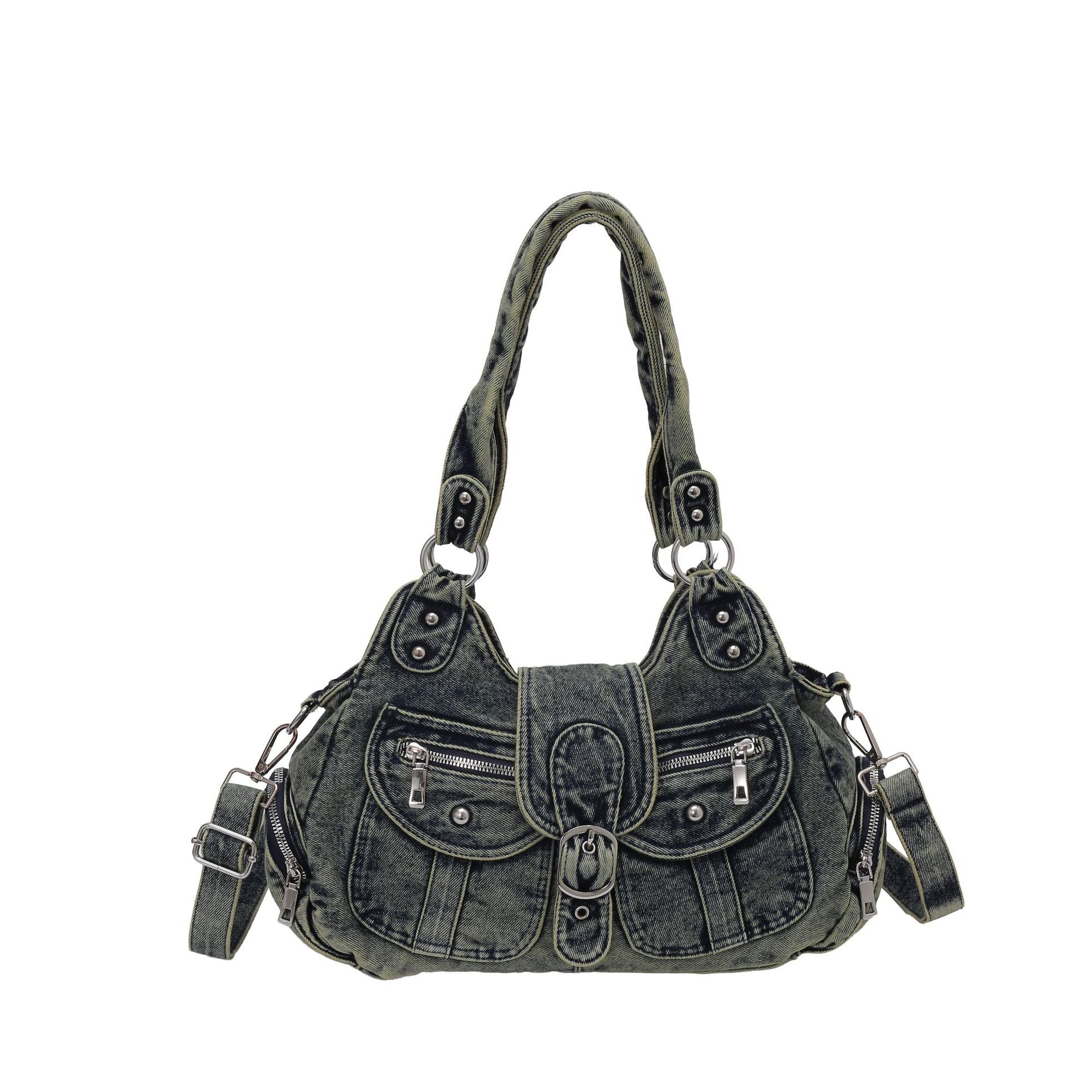 Retro blue washed denim shoulder bag laid flat with crossbody strap attached