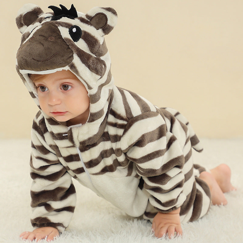 Zebra striped hooded flannel baby jumpsuit with animal hood, baby crawling on a rug