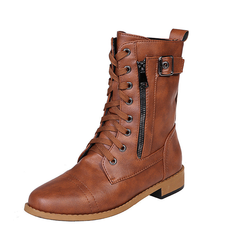 Light brown lace-up mid-calf boot with side zip and buckle strap on a white background