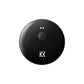 Front studio view of the black round AI voice translator with its button and dual microphones