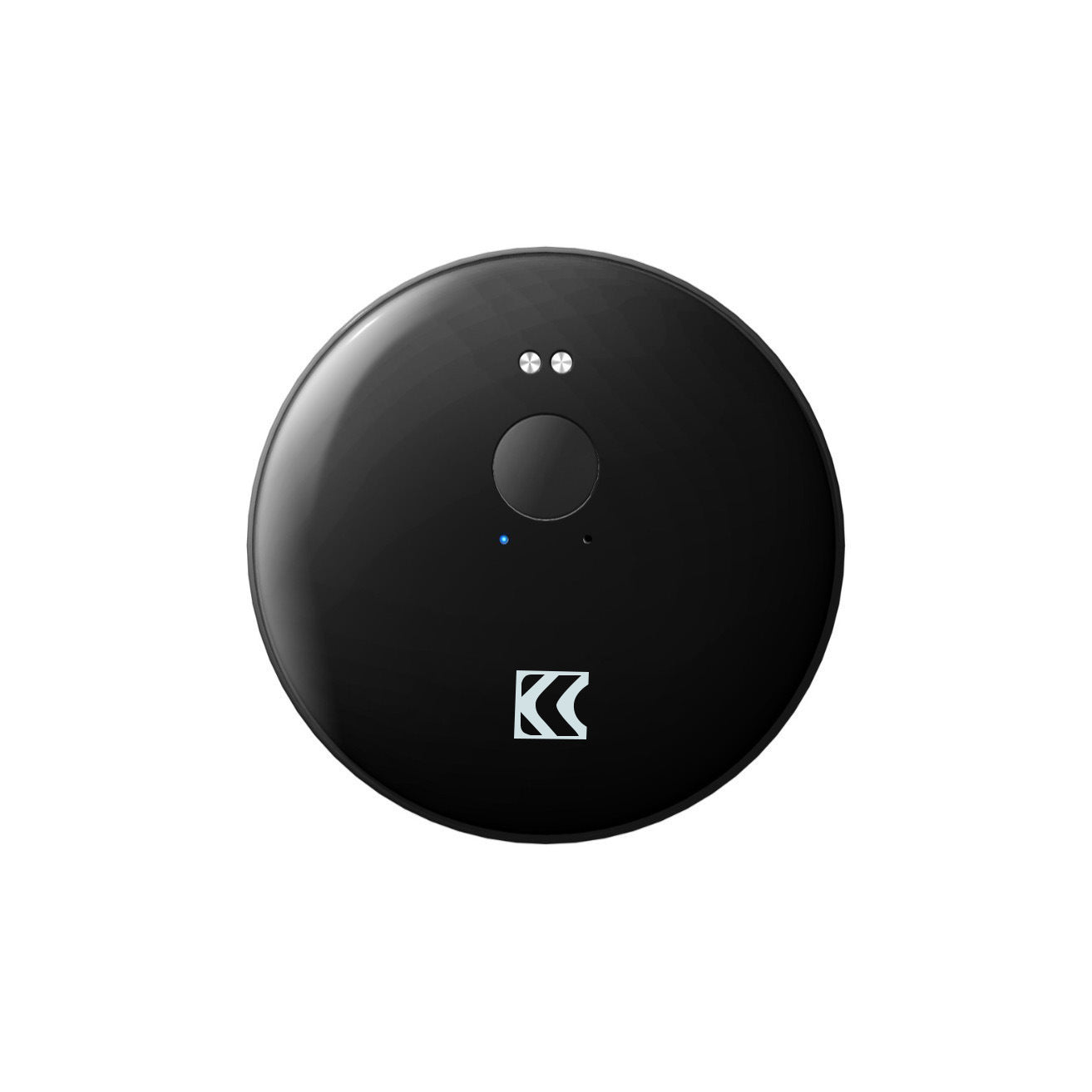 Front studio view of the black round AI voice translator with its button and dual microphones