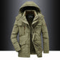 Army green fleece lined hooded parka, front view with drawcord hood and stand collar