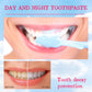 Promotional graphic of blue foam toothpaste brushed on teeth with a before and after smile comparison