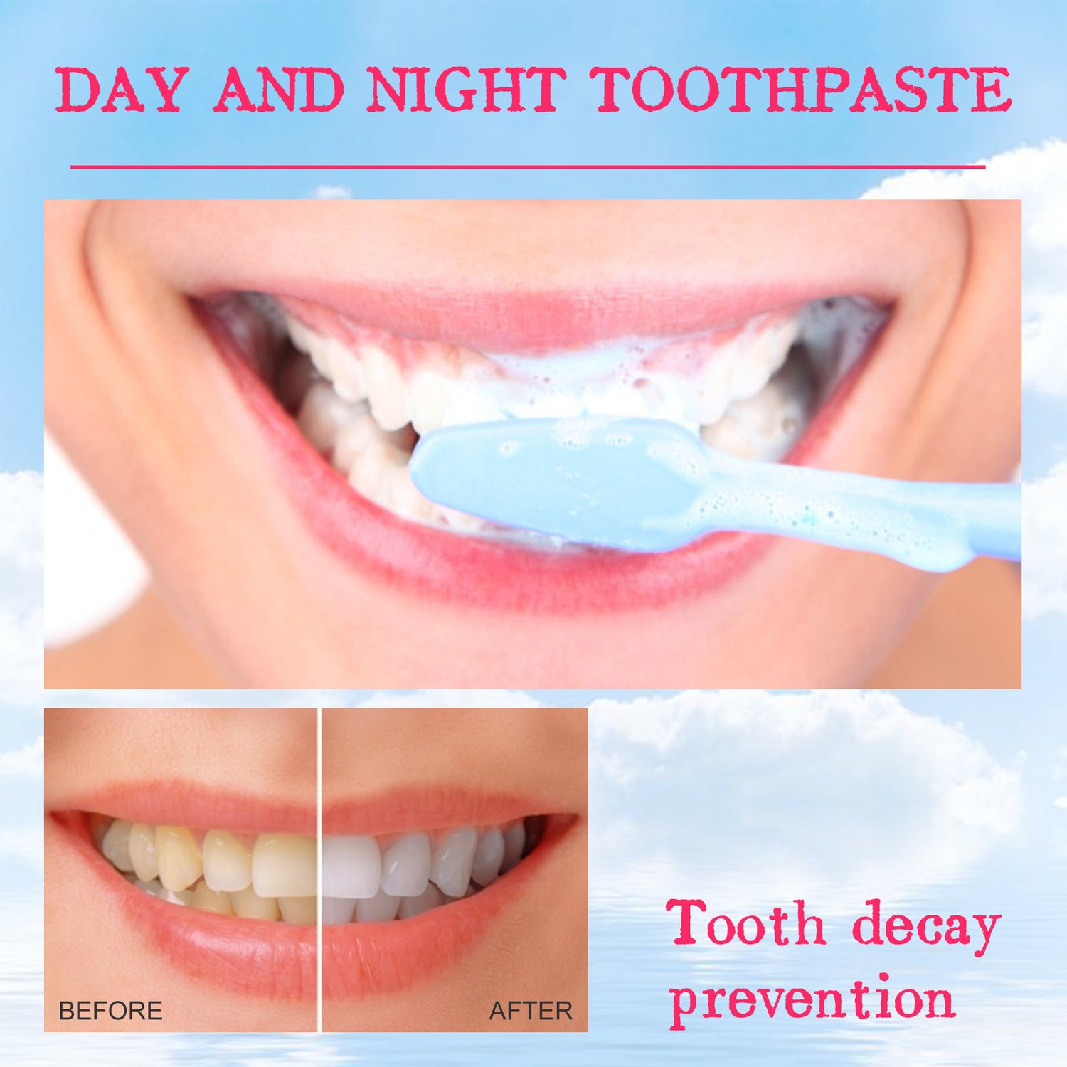 Promotional graphic of blue foam toothpaste brushed on teeth with a before and after smile comparison