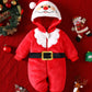 Red fleece Santa Claus baby jumpsuit flat lay front view, size 9-12M option