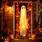 Hanging Halloween ghost on a small wood swing seat framed by autumn maple leaves