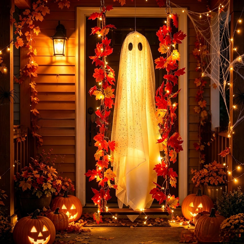Hanging Halloween ghost on a small wood swing seat framed by autumn maple leaves