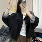 Womens casual button front short jacket in black, drop shoulder detail