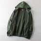 Close detail of the drawstring hood and sherpa lining on the zip-up hoodie
