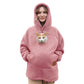 Dusty pink lamb fleece hoodie with a cat looking out of the chest pouch, studio front view, size 3XL option