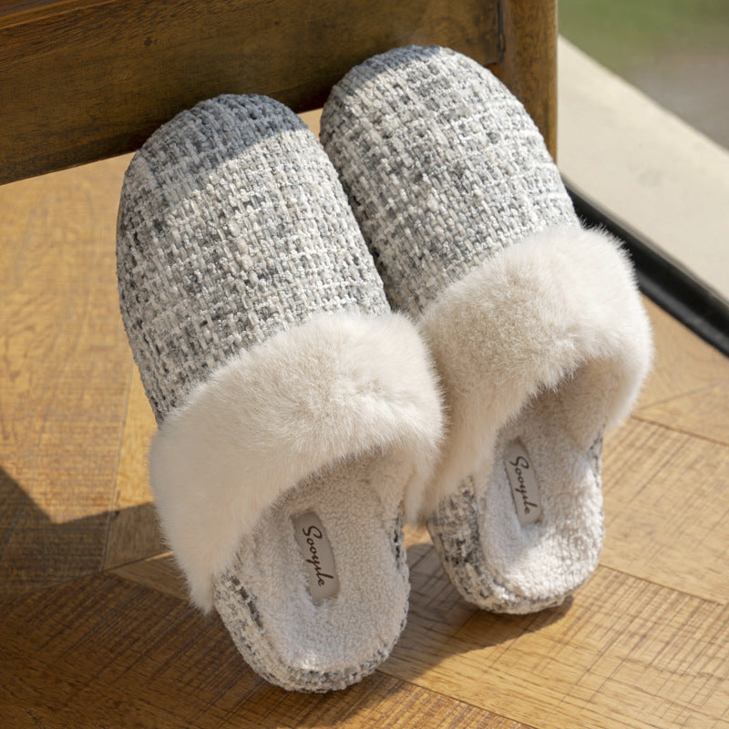 Grayish white tweed look slippers with a plush faux fur cuff and fleece lining, Grayish white, size 40-41 option