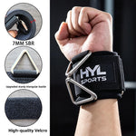 Black HYL SPORTS wrist strap with metal triangle ring on a wrist, with 7mm SBR and hook and loop callouts