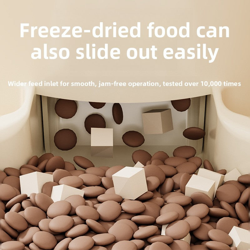 Automatic pet feeder shown from the front with the lid closed