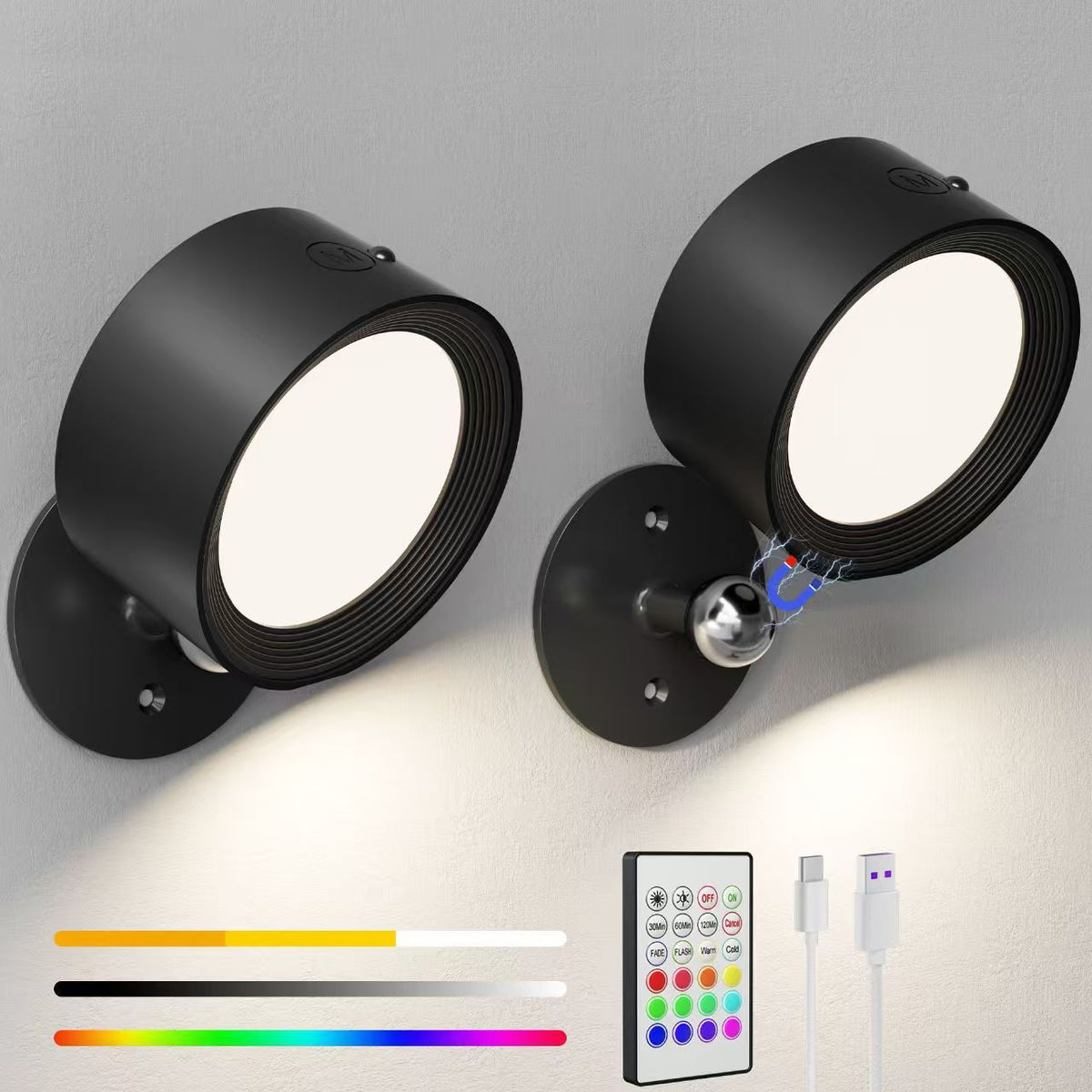 Pair of black round wall lights with a remote control, USB cable and color and brightness sliders