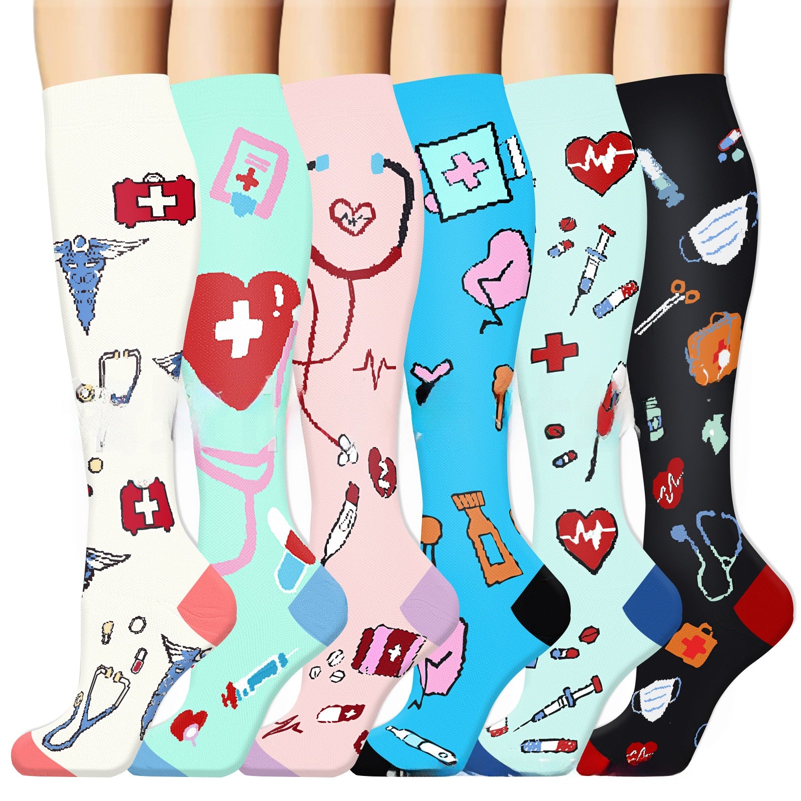Pair of knee high compression running socks showing calf length and sole grip