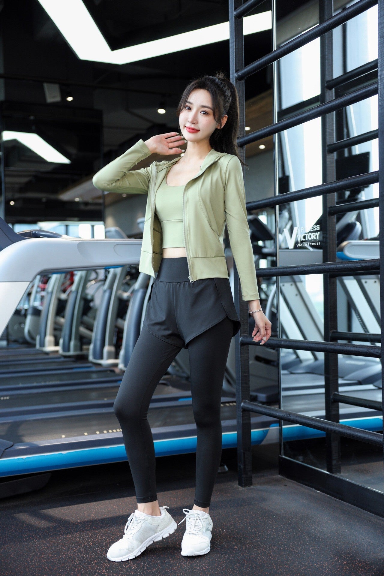 Front view of matching activewear set on a fit model
