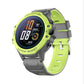 Lime green kids smart watch with a grey case and a digital watch face, angled front view on white