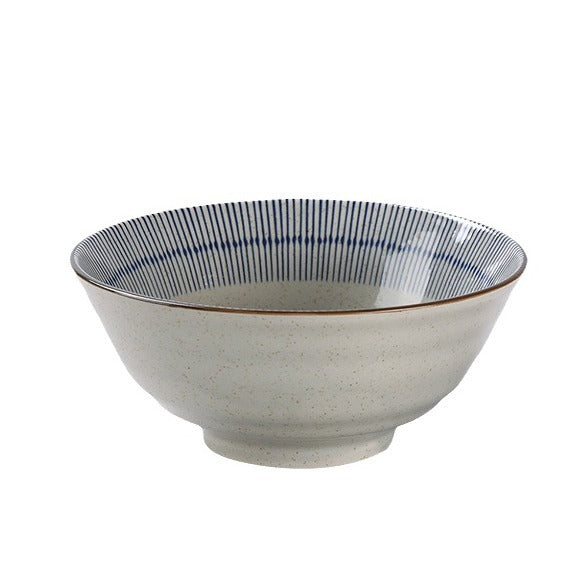 Japanese ceramic noodle bowl with tokusa blue stripe rim and cream body, front view