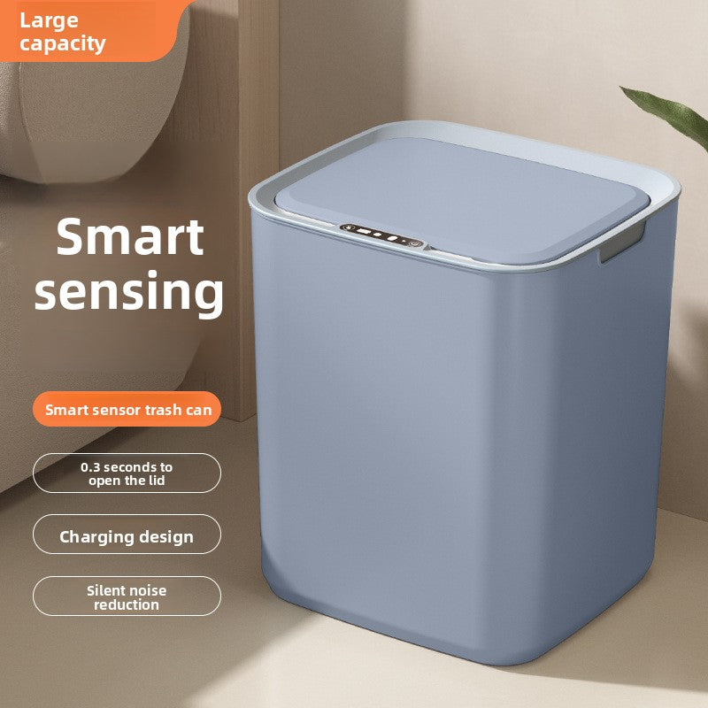 Gray smart sensor trash can with feature callouts for 0.3 second opening and charging design, front view
